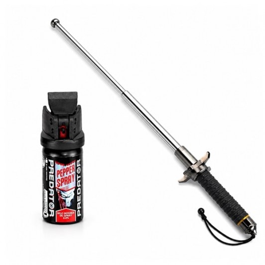 Set baston telescopic cu ciocan si spray cu piper, husa inclusa, 24-67 cm/50 ml