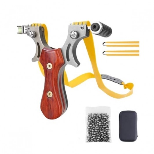 Set prastie metalica cu laser si 100 bile metalice 10 mm, 12 cm, boloboc, maner lemn, maro, husa inc Set prastie metalica cu laser si 100 bile metalice 10 mm, 12 cm, boloboc, maner lemn, maro, husa inc