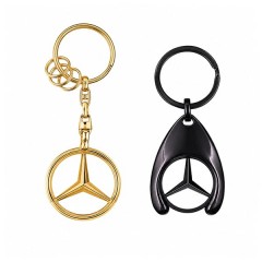 Set 2 Brelocuri Mercedes-Benz, Metal, Design Elegant, Inele pentru Chei, Auriu/Negru, 7.5 cm/9 cm