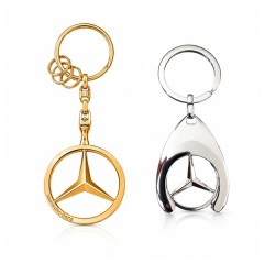 Set 2 Brelocuri Mercedes-Benz, Metal, Design Elegant, Inele pentru Chei, Auriu/Argintiu, 7.5 cm/9 cm