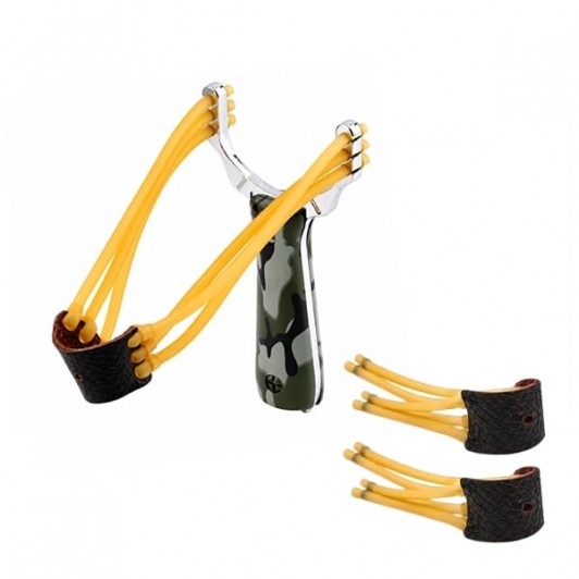 Set praștie metalică si doua benzi elastice de rezerva DEPOX®, maner camuflaj, 14.5 cm