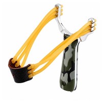 Set praștie metalică si doua benzi elastice de rezerva DEPOX®, maner camuflaj, 14.5 cm