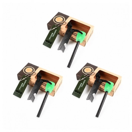 Set trei kituri supravietuire Amnar pentru camping si Fluier DEPOX®, otel inoxidabil, 11 cm
