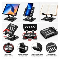 Suport pliabil metalic pentru telefon și tabletă DEPOX®, rotire 360°, reglabil 180°, compatibil 10–4