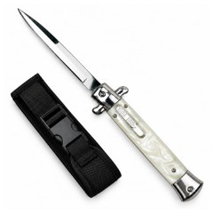 Cuțit cu lamă tip stiletto automat DEPOX®, mâner alb, 27 cm, cu husă inclusa