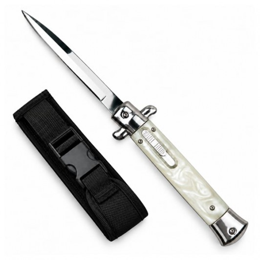 Cuțit cu lamă tip stiletto automat DEPOX®, mâner alb, 27 cm, cu husă inclusa