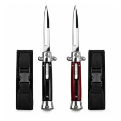 Set doua cutite cu lamă tip stiletto automate DEPOX®, mâner negru/rosu, 27 cm, cu husă inclusa