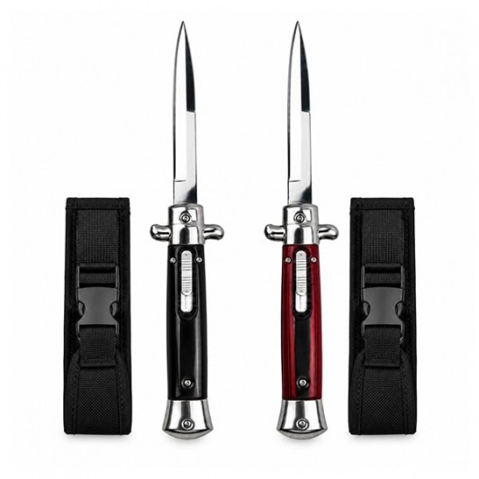 Set doua cutite cu lamă tip stiletto automate DEPOX®, mâner negru/rosu, 27 cm, cu husă inclusa