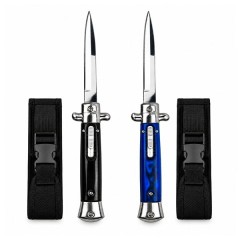 Set doua cutite cu lamă tip stiletto automate DEPOX®, mâner negru/albastru, 27 cm, cu husă inclusa
