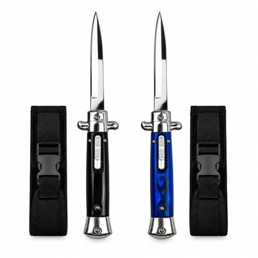 Set doua cutite cu lamă tip stiletto automate DEPOX®, mâner negru/albastru, 27 cm, cu husă inclusa
