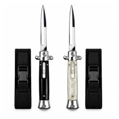 Set doua cutite cu lamă tip stiletto automate DEPOX®, mâner negru/alb, 27 cm, cu husă inclusa