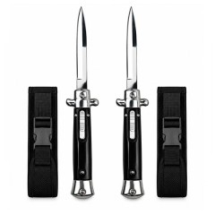 Set doua cutite cu lamă tip stiletto automate DEPOX®, mâner negru, 27 cm, cu husă inclusa Set doua cutite cu lamă tip stiletto automate DEPOX®, mâner negru, 27 cm, cu husă inclusa