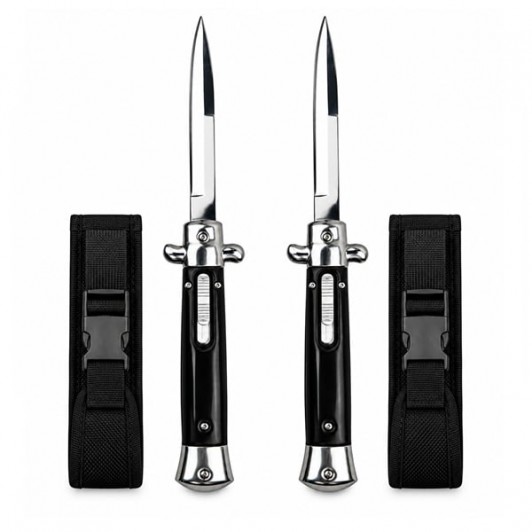 Set doua cutite cu lamă tip stiletto automate DEPOX®, mâner negru, 27 cm, cu husă inclusa