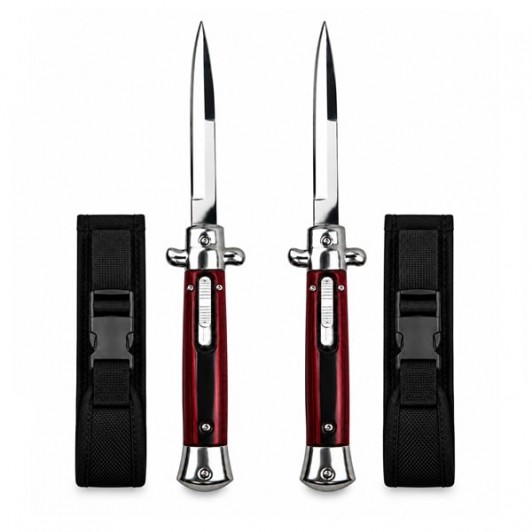 Set de doua cutite cu lamă tip stiletto automate DEPOX®, mâner rosu/negru, 27 cm, cu husă inclusa