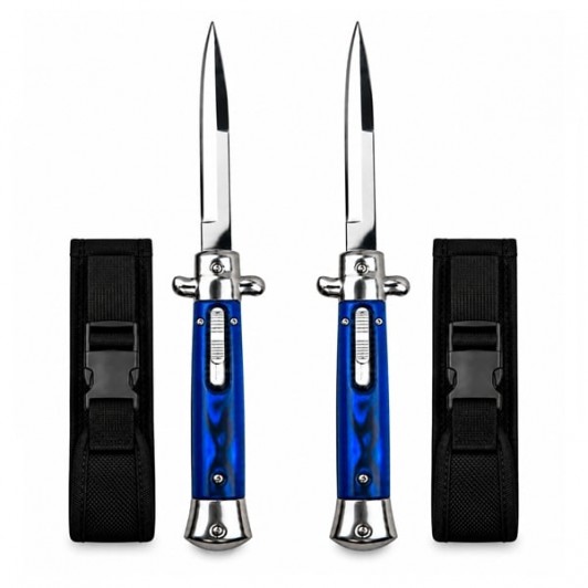 Set doua cutite cu lamă tip stiletto automate DEPOX®, mâner albastru, 27 cm, cu husă inclusa