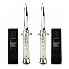 Set de doua cutite cu lamă tip stiletto automate DEPOX®, mâner alb, 27 cm, cu husă inclusa