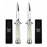 Set de doua cutite cu lamă tip stiletto automate DEPOX®, mâner alb, 27 cm, cu husă inclusa