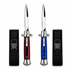 Set doua cutite cu lamă tip stiletto automat DEPOX®, mâner rosu/albastru, 27 cm, cu husă inclusa
