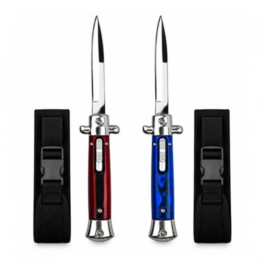 Set doua cutite cu lamă tip stiletto automat DEPOX®, mâner rosu/albastru, 27 cm, cu husă inclusa