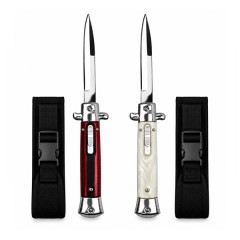 Set doua cutite cu lamă tip stiletto automate DEPOX®, mâner rosu/alb, 27 cm, cu husă inclusa