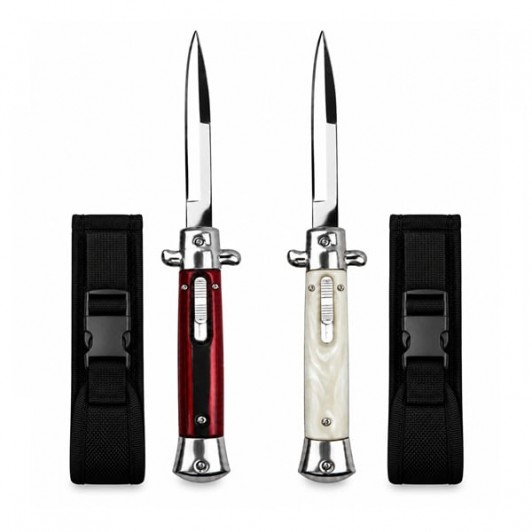 Set doua cutite cu lamă tip stiletto automate DEPOX®, mâner rosu/alb, 27 cm, cu husă inclusa
