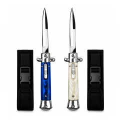 Set doua cutite cu lamă tip stiletto automate DEPOX®, mâner alb/albastru, 27 cm, cu husă inclusa