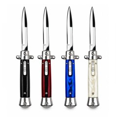 Set patru cutite cu lamă tip stiletto automate DEPOX®, mâner alb/albastru/rosu/negru, 27 cm, cu husă