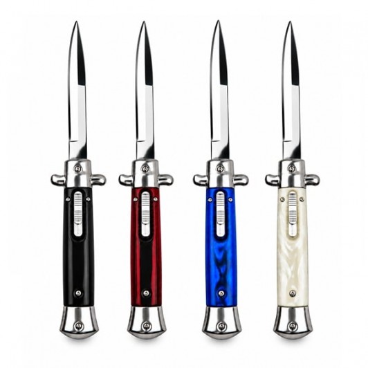 Set patru cutite cu lamă tip stiletto automate DEPOX®, mâner alb/albastru/rosu/negru, 27 cm, cu husă inclusa