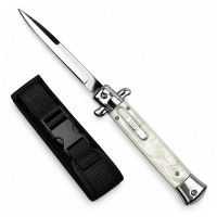 Set patru cutite cu lamă tip stiletto automate DEPOX®, mâner alb/albastru/rosu/negru, 27 cm, cu husă inclusa