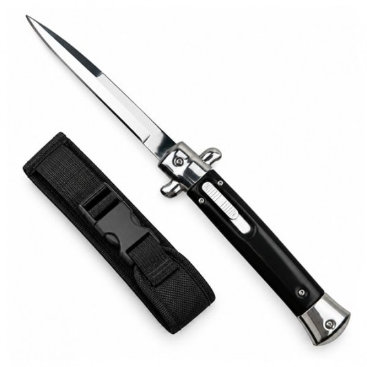 Cuțit cu lamă tip stiletto automat DEPOX®, mâner negru, 27 cm, cu husă inclusa