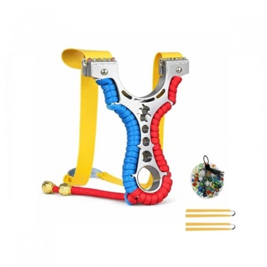 Set praștie multifunctionala si 50 bile din sticle 14 mm, DEPOX®, metal, 2 elastice de rezervă, rosu
