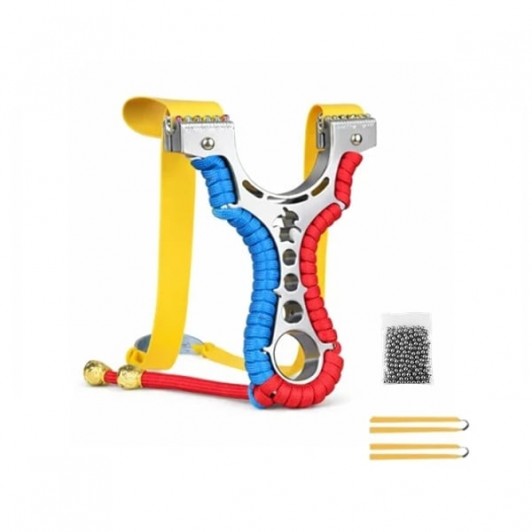 Set praștie multifunctionala si 100 bile metalice 6 mm, DEPOX®, metal, 2 elastice de rezervă, rosu/albastru, 11 cm