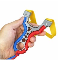Set praștie multifunctionala si 100 bile metalice 6 mm, DEPOX®, metal, 2 elastice de rezervă, rosu/albastru, 11 cm