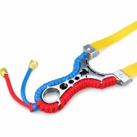 Set praștie multifunctionala si 100 bile metalice 9 mm, DEPOX®, metal, 2 elastice de rezervă, rosu/albastru, 11 cm