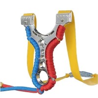 Set praștie multifunctionala si 100 bile metalice 9 mm, DEPOX®, metal, 2 elastice de rezervă, rosu/albastru, 11 cm