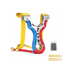 Set praștie multifunctionala si 100 bile metalice 10 mm, DEPOX®, metal, 2 elastice de rezervă, rosu/