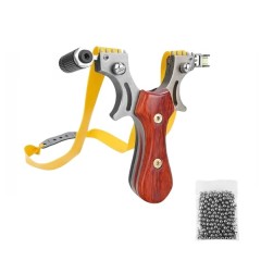 Set prastie metalica cu laser si bile metalice 11 mm DEPOX®, 11.5 cm, cu boloboc, maner lemn, maro Set prastie metalica cu laser si bile metalice 11 mm DEPOX®, 11.5 cm, cu boloboc, maner lemn, maro