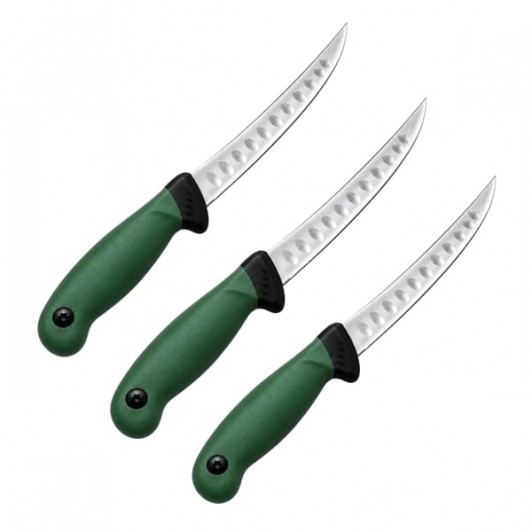 Set trei cuțite pentru filetat DEPOX®, lamă curbată din oțel inoxidabil cu alveole, mâner ergonomic Set trei cuțite pentru filetat DEPOX®, lamă curbată din oțel inoxidabil cu alveole, mâner ergonomic