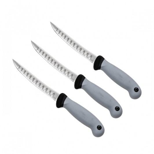 Set trei cuțite pentru filetat DEPOX®, lamă curbată din oțel inoxidabil cu alveole, mâner ergonomic Set trei cuțite pentru filetat DEPOX®, lamă curbată din oțel inoxidabil cu alveole, mâner ergonomic