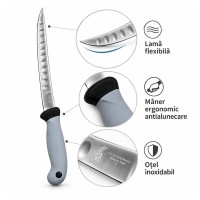 Set trei cuțite pentru filetat DEPOX®, lamă curbată din oțel inoxidabil cu alveole, mâner ergonomic Set trei cuțite pentru filetat DEPOX®, lamă curbată din oțel inoxidabil cu alveole, mâner ergonomic