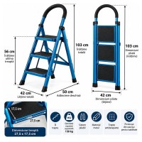 Scara pliabila metalica 3 trepte, DEPOX®, antiderapanta, compacta, albastru, 103 cm