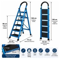 Scara pliabila metalica 5 trepte, DEPOX®, antiderapanta, compacta, albastru, 148 cm