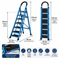 Scara pliabila metalica 6 trepte, DEPOX®, antiderapanta, compacta, albastru, 170 cm