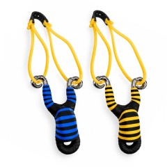 Set doua praștii din aliaj cu benzi elastice DEPOX®, mâner ergonomic, 13 cm, galben/albastru