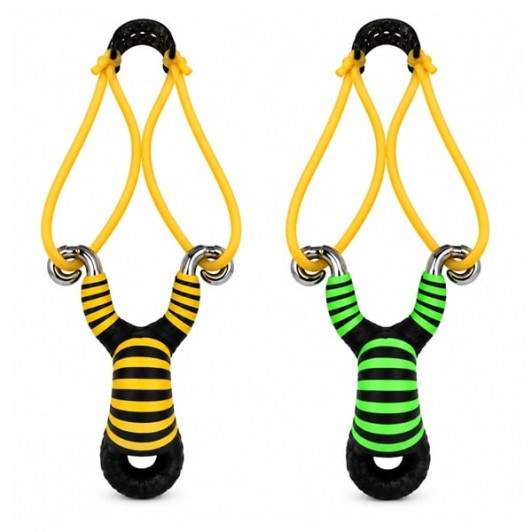 Set doua praștii din aliaj cu benzi elastice DEPOX®, mâner ergonomic, 13 cm, galben/verde