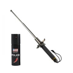 Set baston telescopic cu si spray autoaparare chili DEPOX®, spărgător de geamuri, mâner antiderapant
