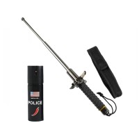 Set baston telescopic cu si spray autoaparare chili DEPOX®, spărgător de geamuri, mâner antiderapant