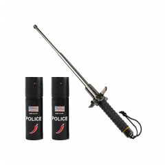 Set baston telescopic  si 2 x spray autoaparare chili DEPOX®, spărgător de geamuri, mâner antiderapa