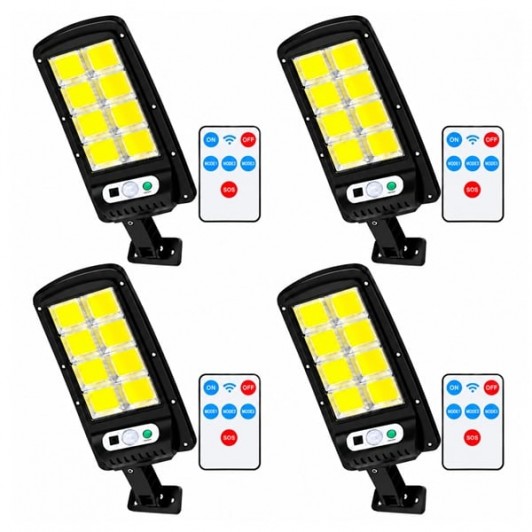 Set de 4 lămpi solare stradale LED DEPOX®, cu senzori de mișcare și lumină, telecomenzi, IP65, negru