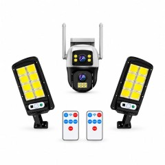 Set cameră de supraveghere exterior si 2 lămpi solare LED cu senzori și telecomenzi DEPOX®, 8 MP, 4G
